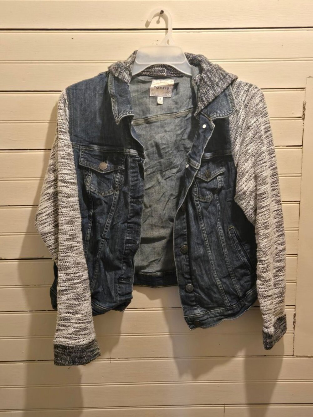 Torrid Jacket Womens 2 Hooded Denim Trucker Knit Sleeve Blue Gray Layering